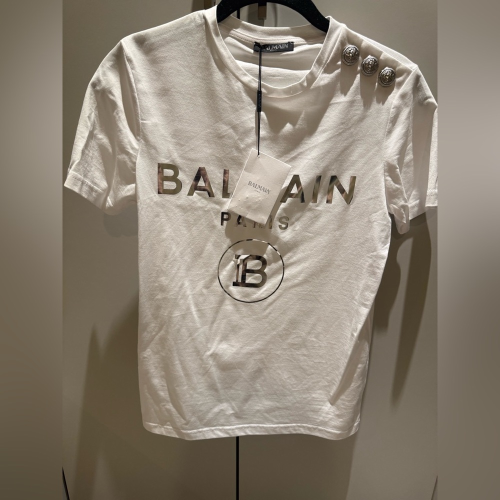 Balmain Cream T-Shirt with Metallic Logo